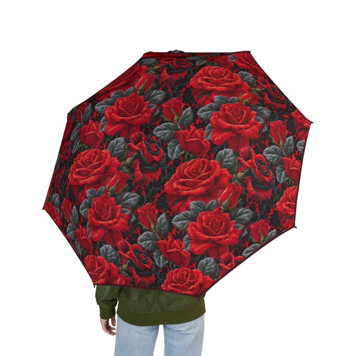 Red Rose Pattern Foldable Umbrella — Compact Semi-Automatic Rain Travel Umbrella