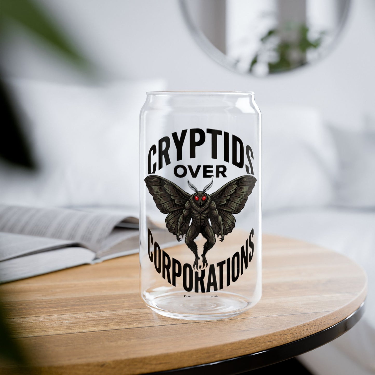 Cryptids Over Corporations Glass Can | Mothman Sipper Glass with Bamboo Lid & Straw | Funny Cryptid Iced Coffee Cup | Gothic Drinkware
