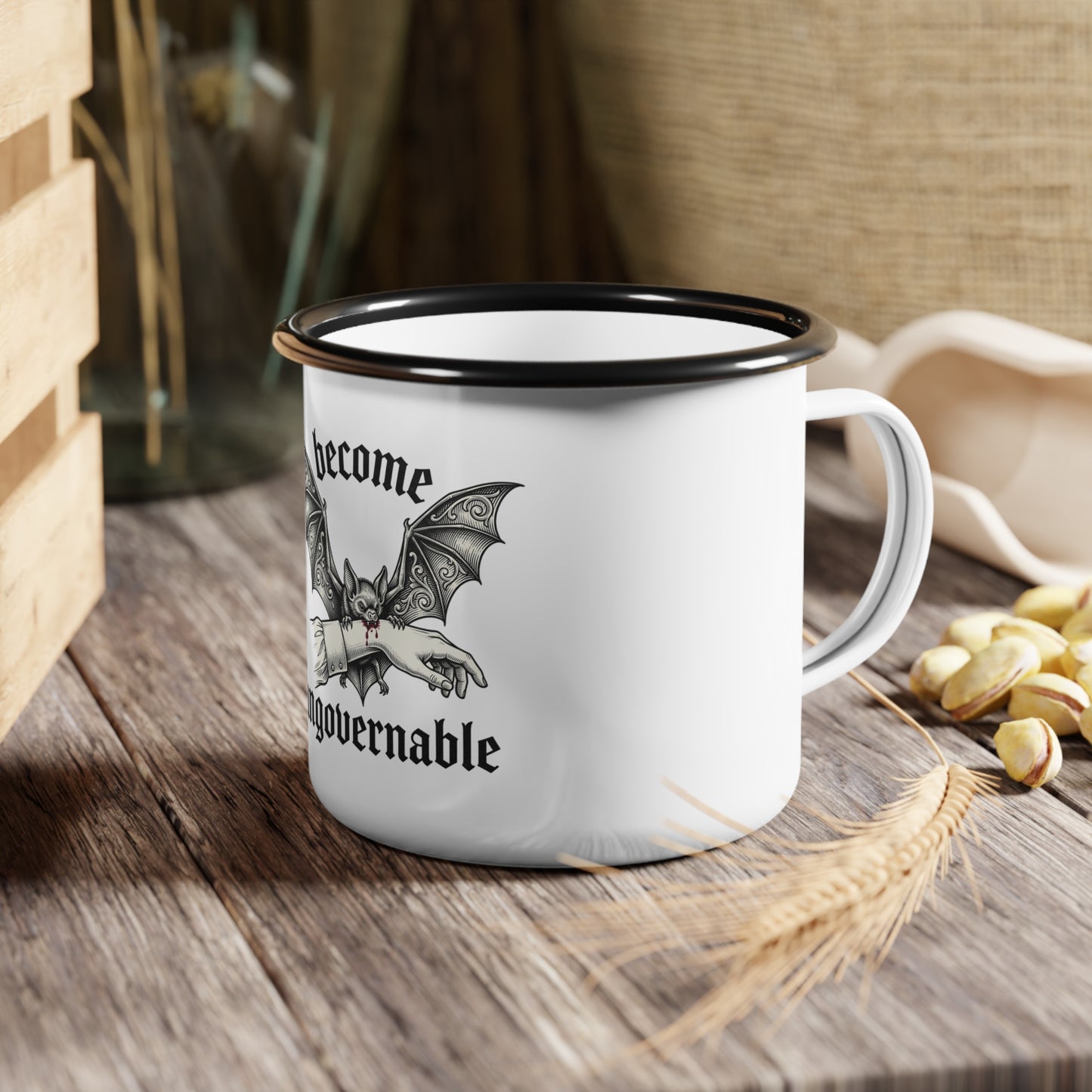 Enamel Camp Cup — Gothic Bat “become ungovernable” Camping Mug