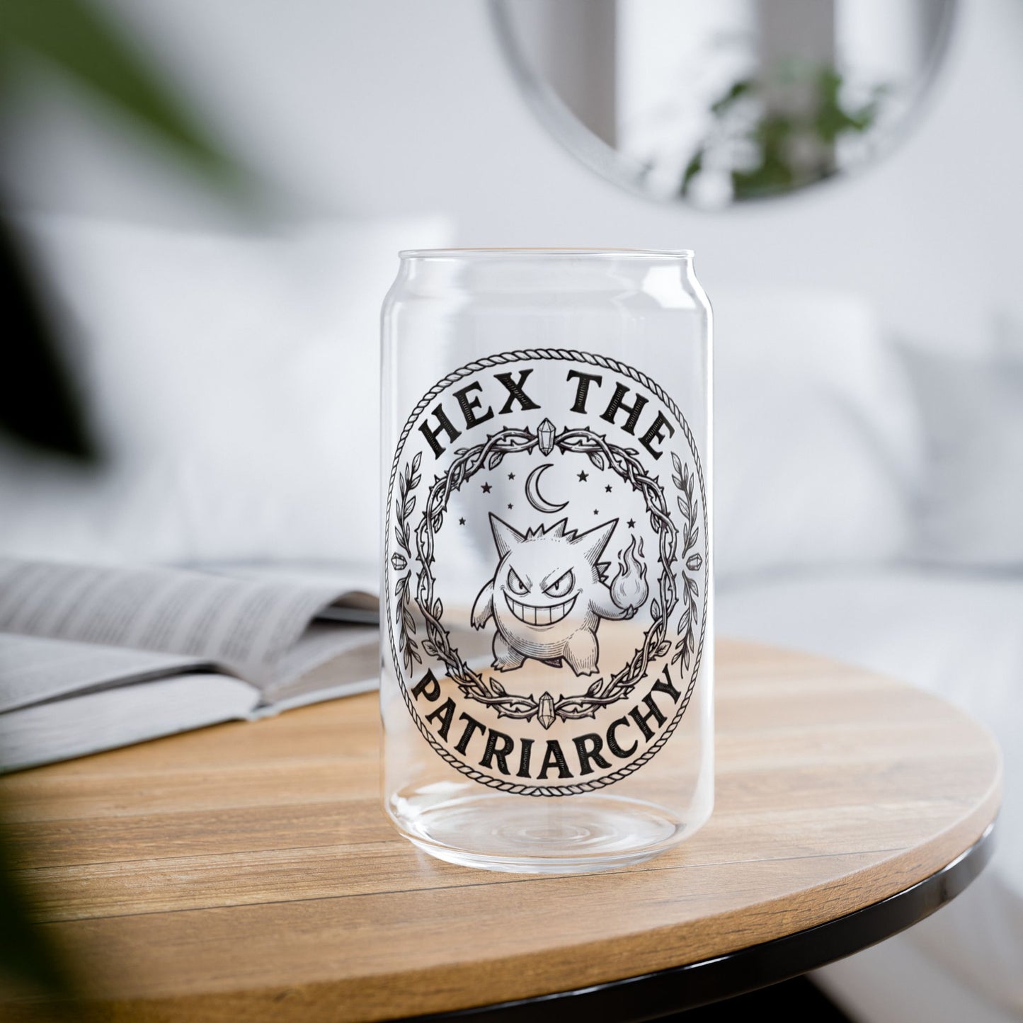 Ghost Halloween Hex the Patriarchy 16oz Glass Sipper Witch Vibe Drinkware with and without lid
