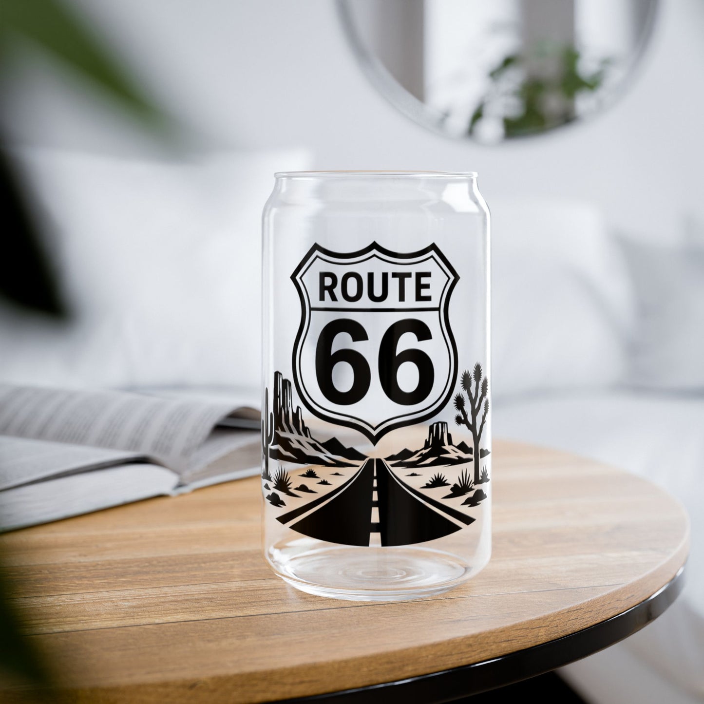 Route 66 Sipper Glass — 16oz Vintage Roadtrip Tumbler with Bamboo Lid