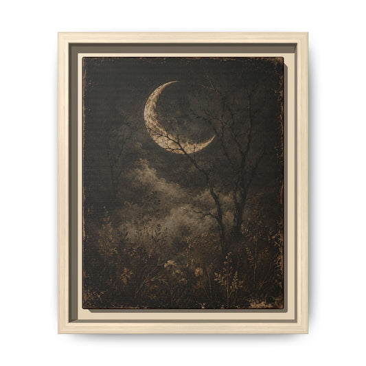 Framed Crescent Moon Canvas Print — Moody Night Landscape Wall Art