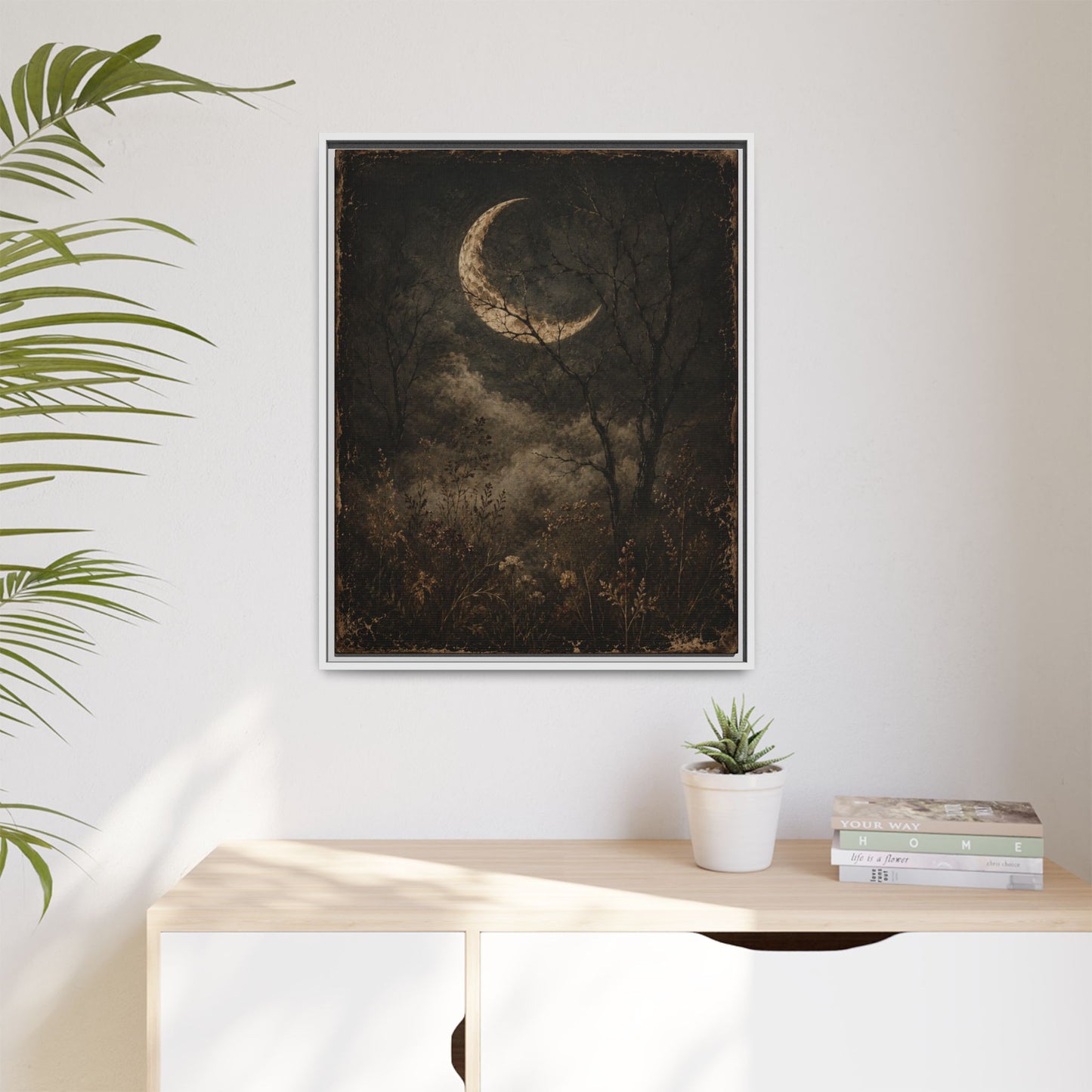 Framed Crescent Moon Canvas Print — Moody Night Landscape Wall Art