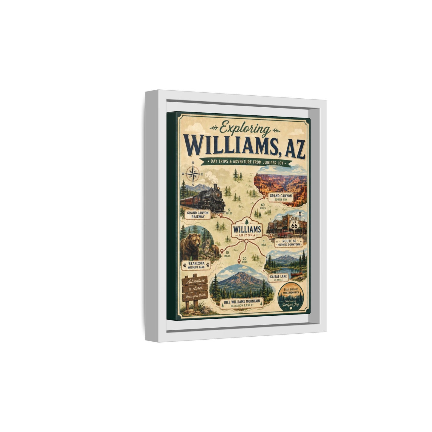 Williams, AZ Travel Map Framed Canvas — Vintage Exploring Poster