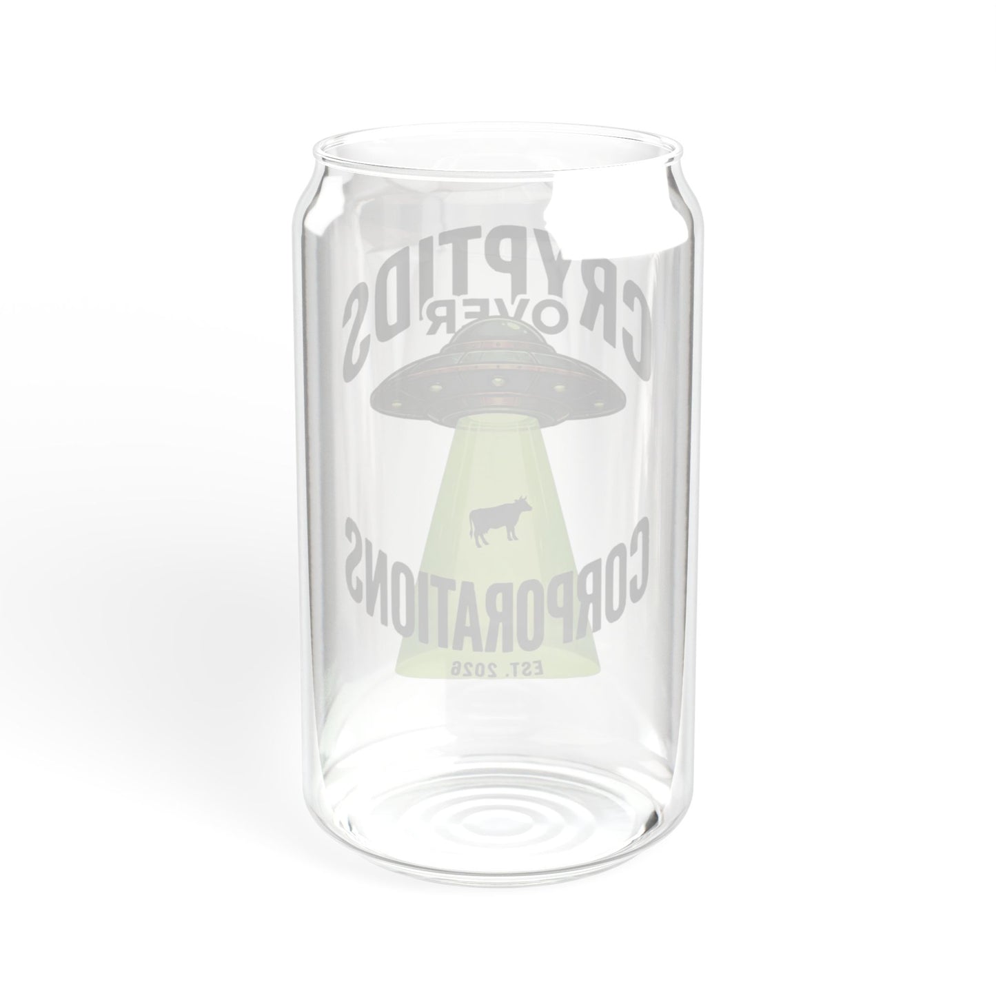 Cryptids Over Corporations Alien Glass Can | UFO Iced Coffee Cup with Bamboo Lid and Straw | Funny Alien Gift | Sci-Fi Drinkware