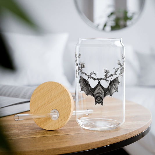 Botanical Bat Sipper Glass | Gothic Bat Glass Can | 16oz Iced Coffee Cup with Bamboo Lid & Straw | Cottagecore Drinkware | Nature Lover Gift