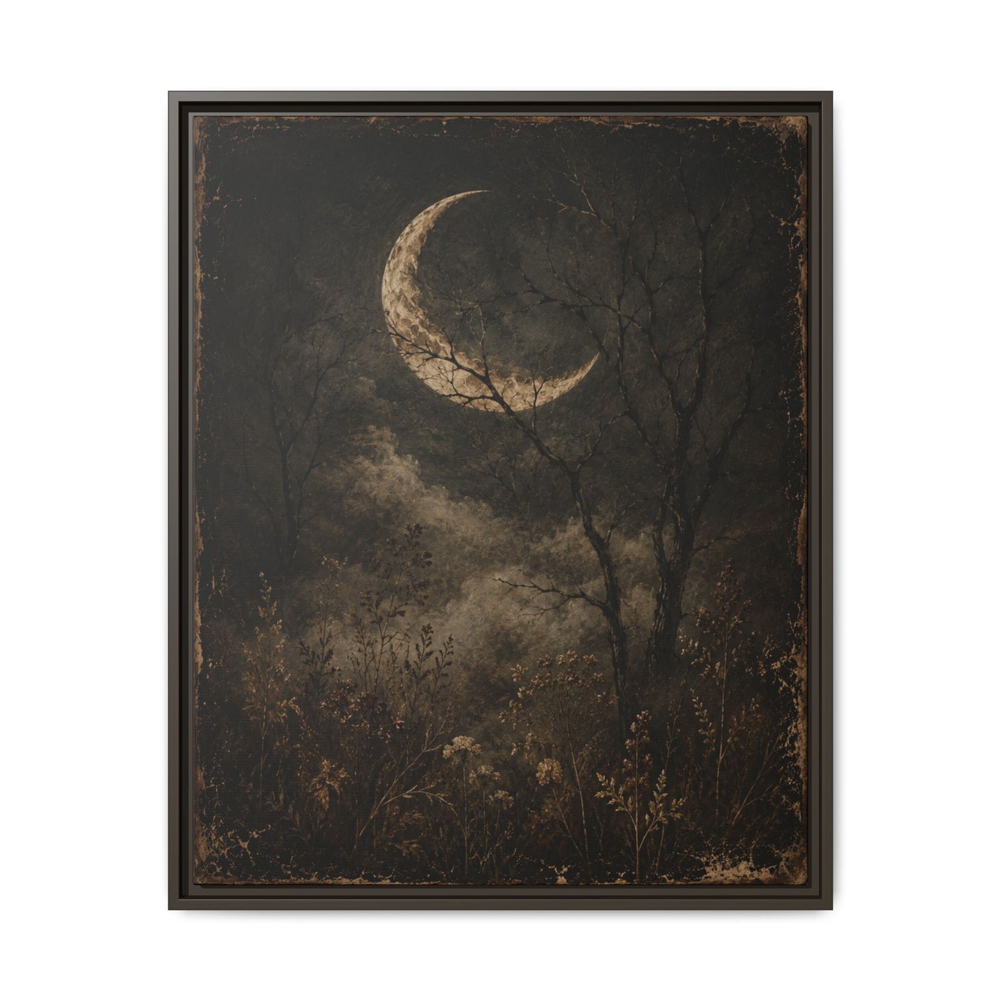 Framed Crescent Moon Canvas Print — Moody Night Landscape Wall Art