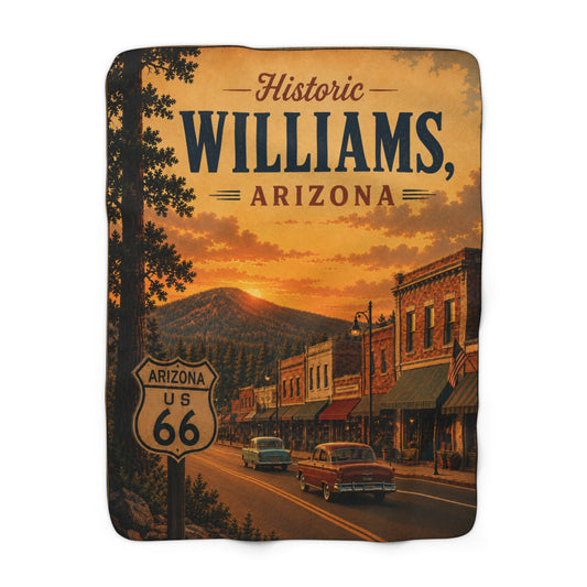 Sherpa Fleece Blanket — Historic Williams, Arizona Route 66 Sunset Throw