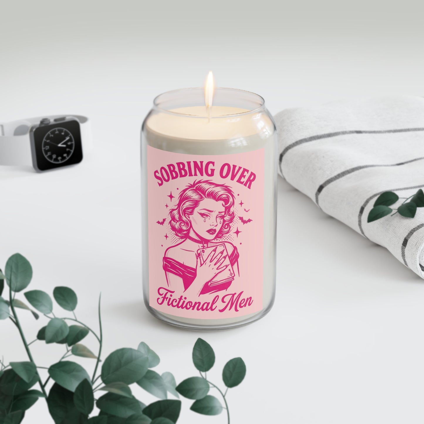 Scented Soy Candle — "Sobbing Over Fictional Men" Pink Retro Design, 13.75 oz