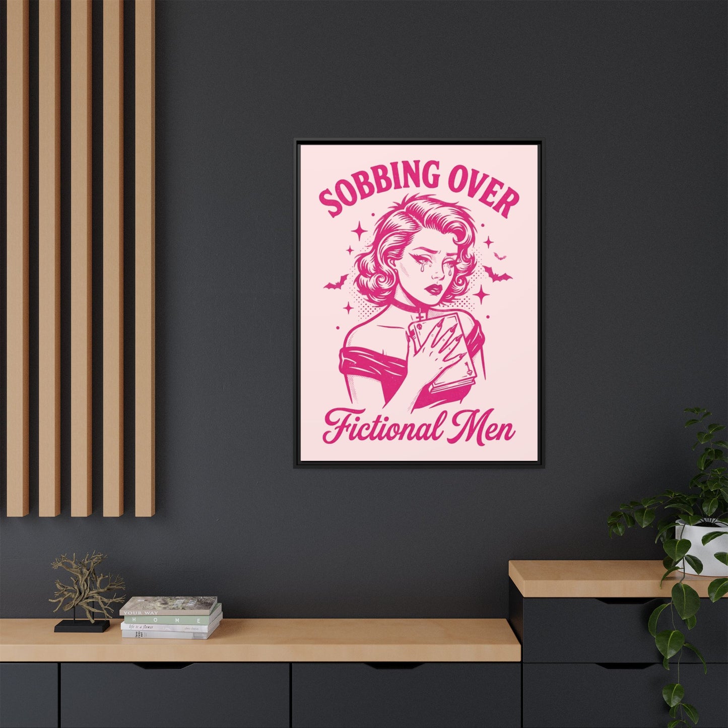 Framed Canvas Print — “Sobbing Over Fictional Men” Retro Pop Art