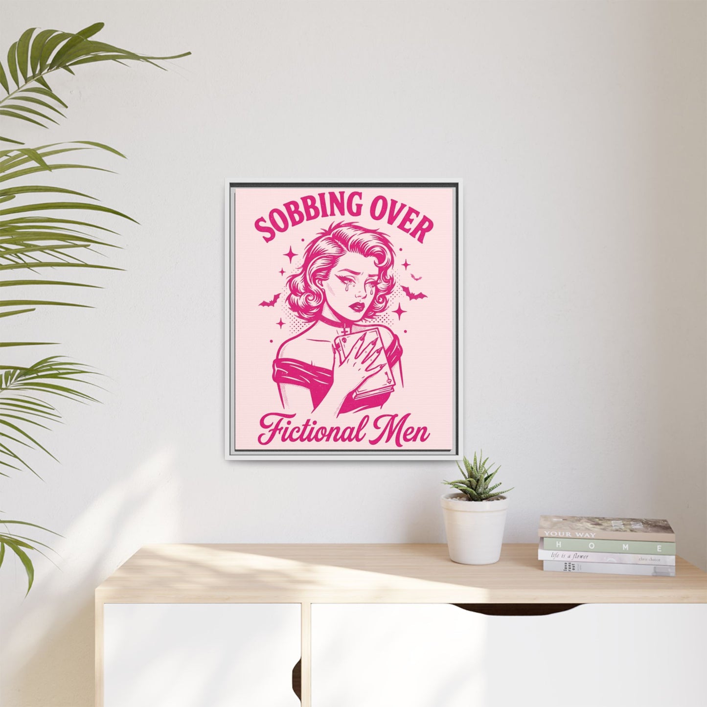 Framed Canvas Print — “Sobbing Over Fictional Men” Retro Pop Art