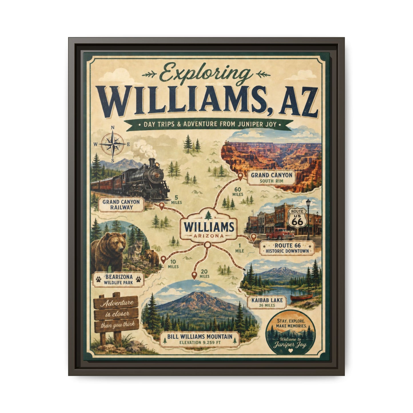 Williams, AZ Travel Map Framed Canvas — Vintage Exploring Poster