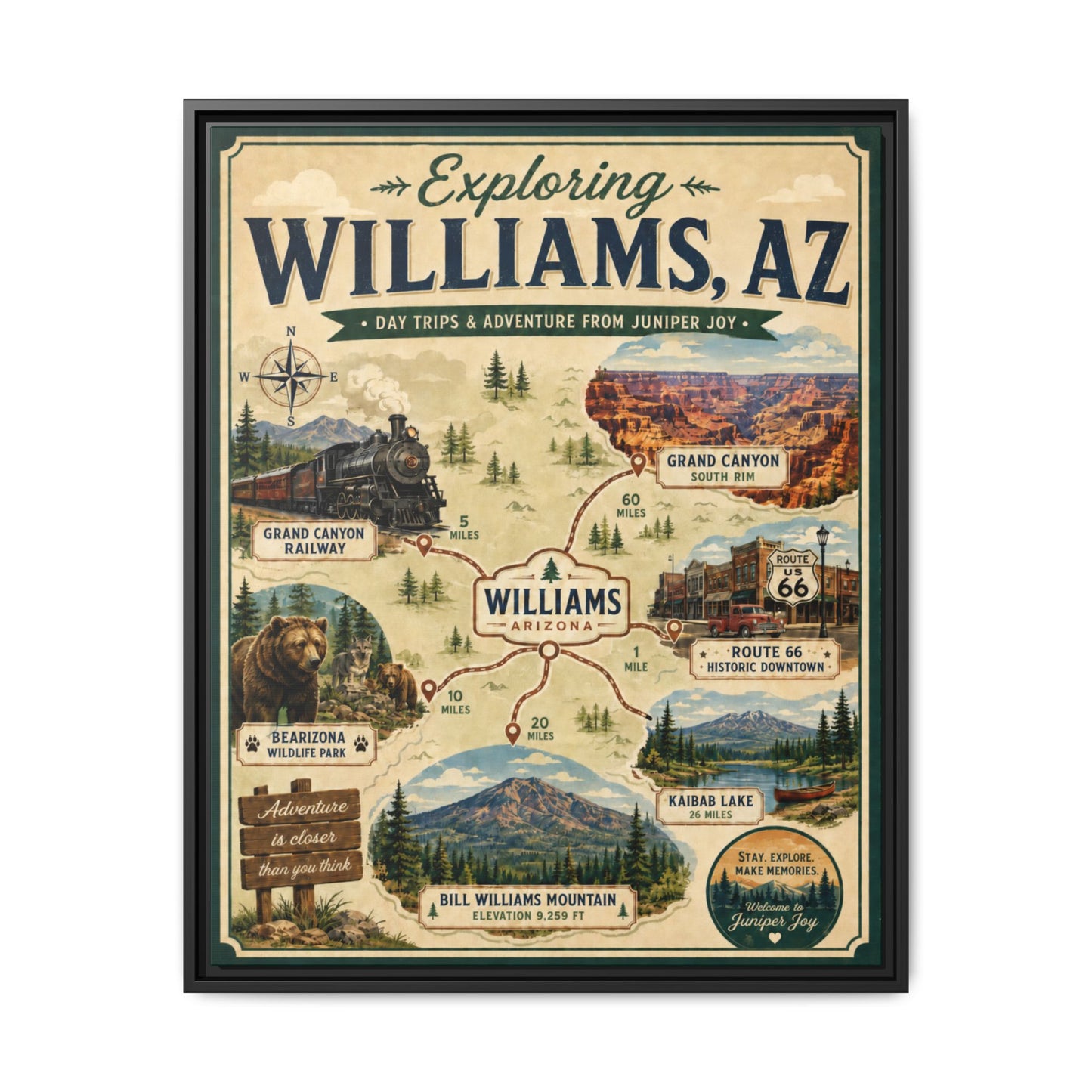 Williams, AZ Travel Map Framed Canvas — Vintage Exploring Poster