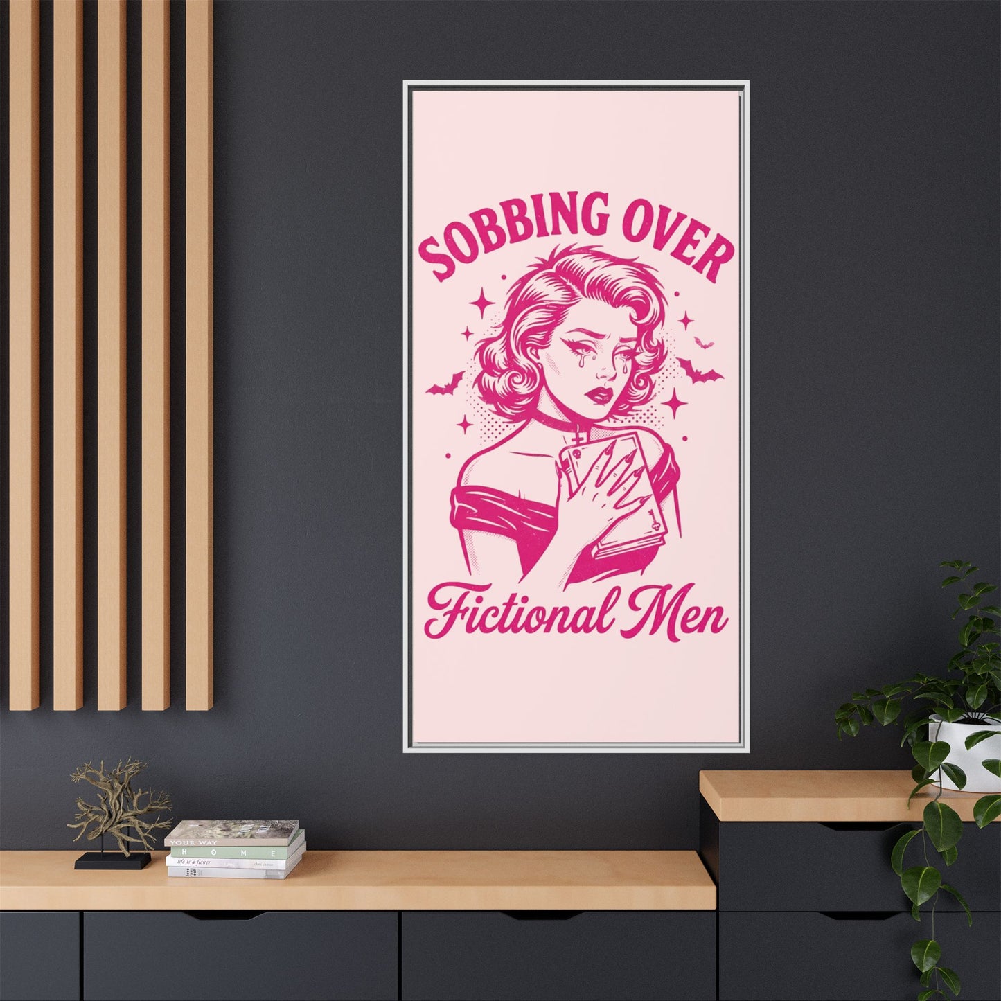 Framed Canvas Print — “Sobbing Over Fictional Men” Retro Pop Art