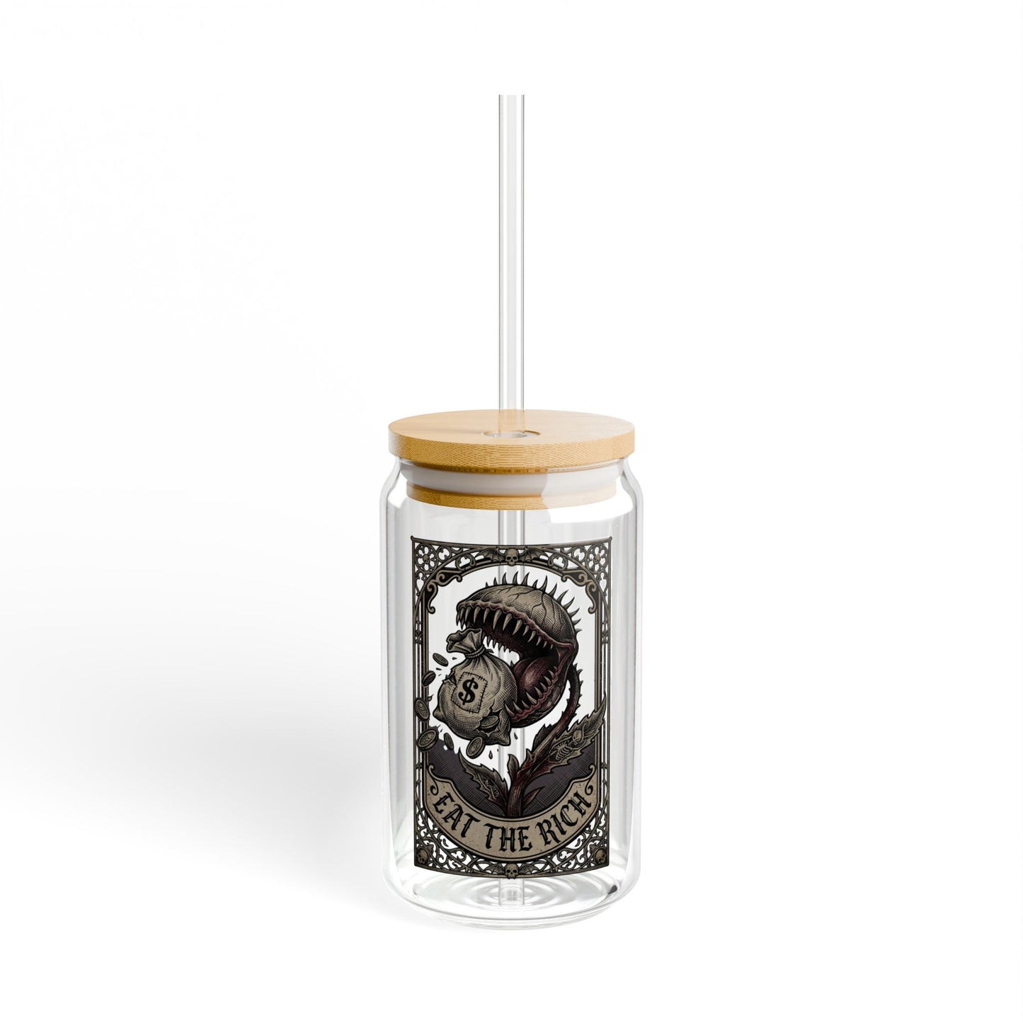 Eat the Rich Glass Can | Gothic Venus Flytrap Iced Coffee Cup with Bamboo Lid and Straw | Carnivorous Plant Glass