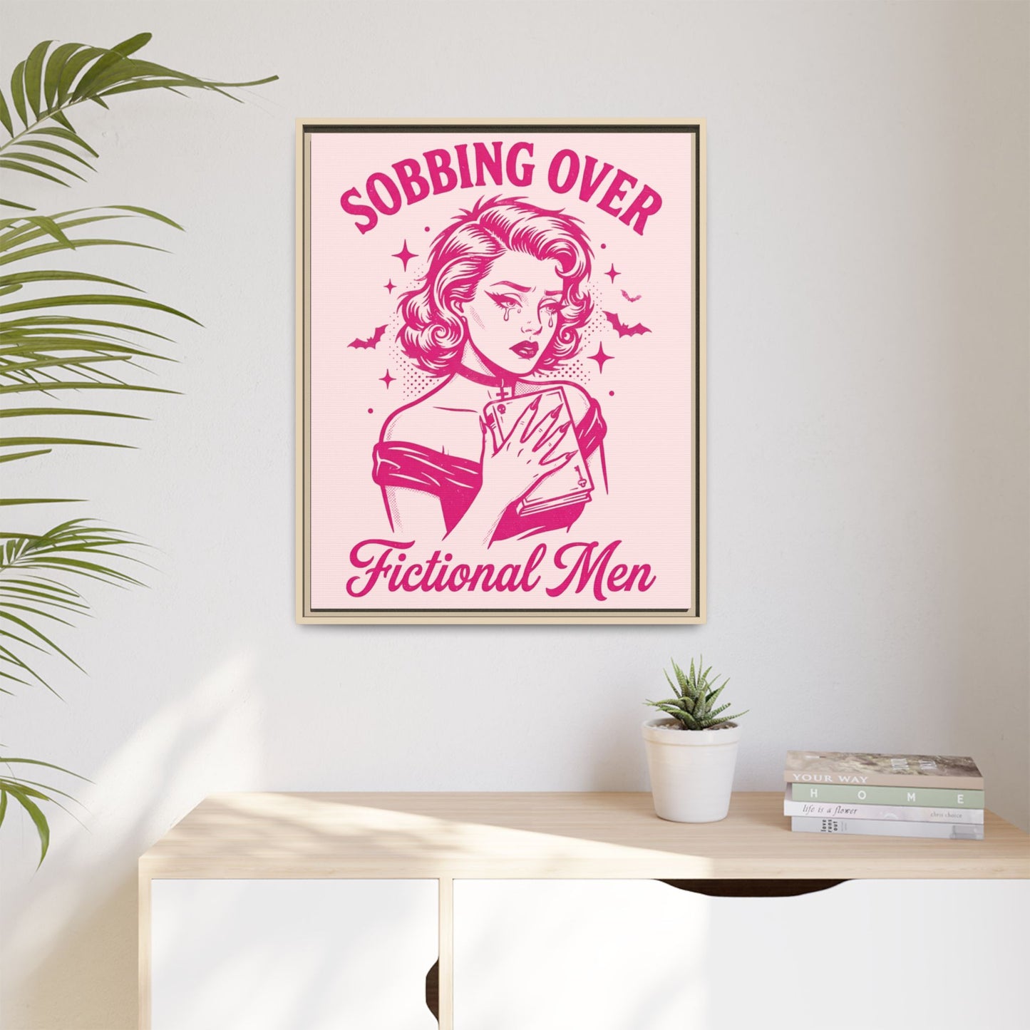 Framed Canvas Print — “Sobbing Over Fictional Men” Retro Pop Art