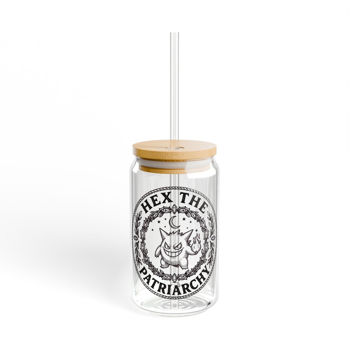 Ghost Halloween Hex the Patriarchy 16oz Glass Sipper Witch Vibe Drinkware with and without lid