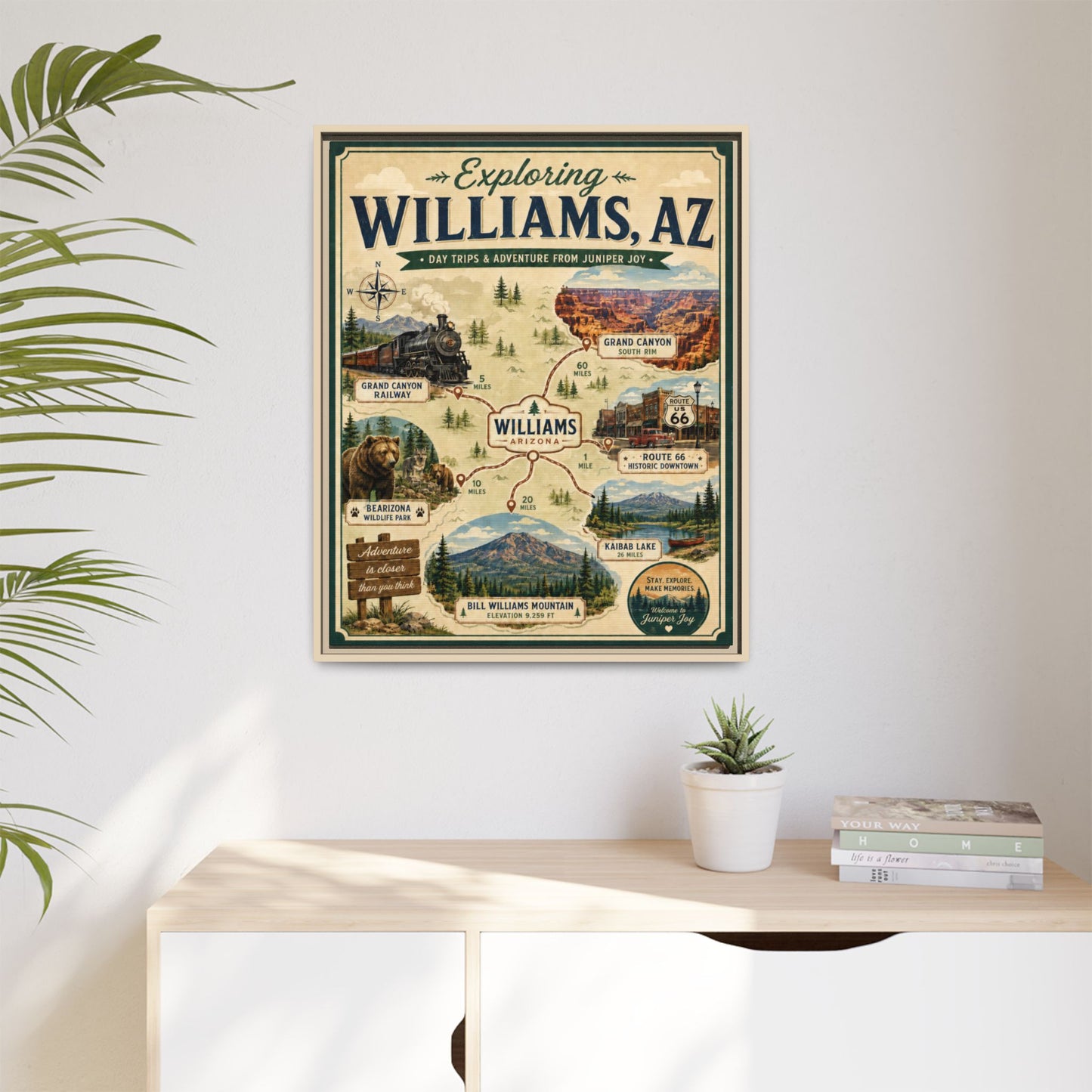 Williams, AZ Travel Map Framed Canvas — Vintage Exploring Poster