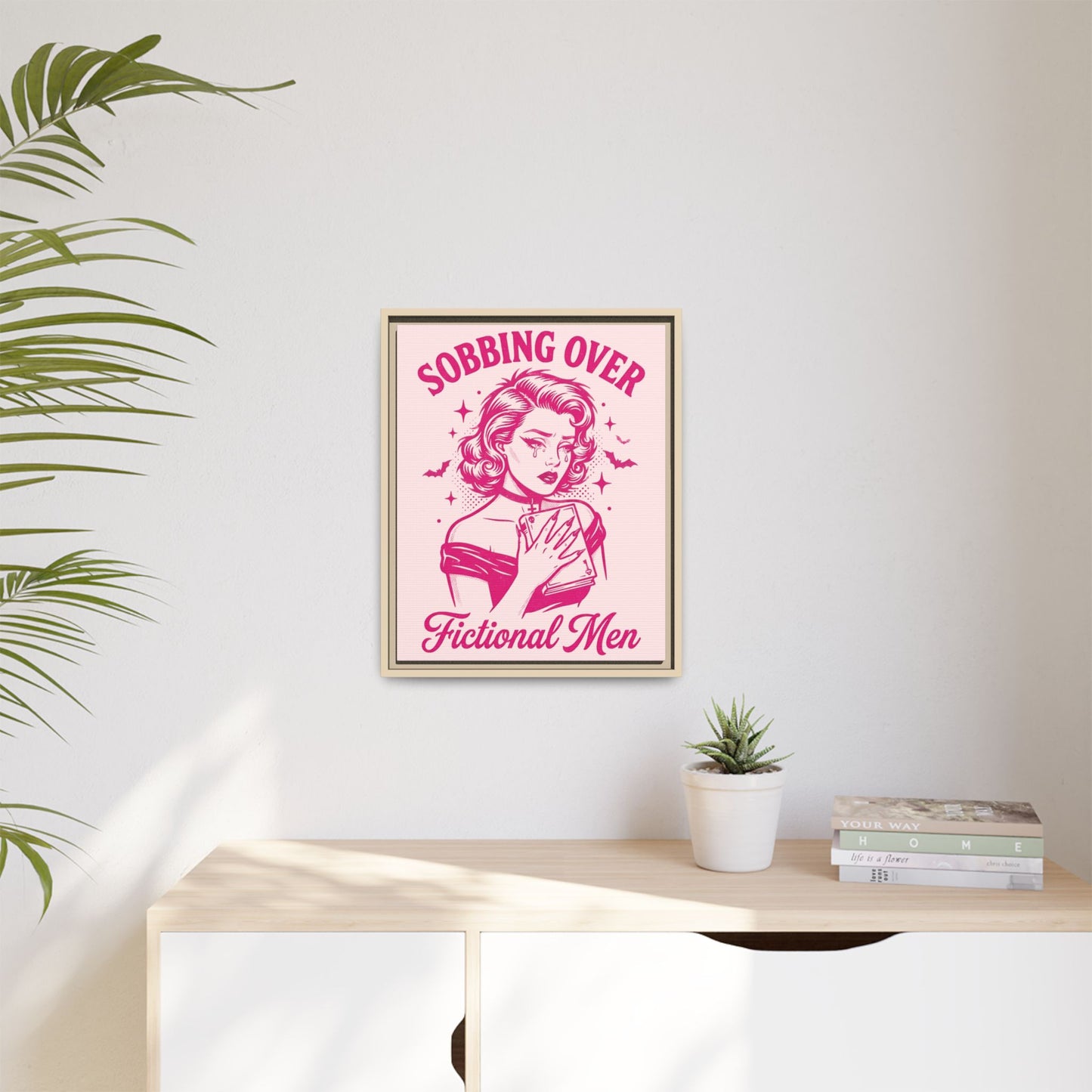 Framed Canvas Print — “Sobbing Over Fictional Men” Retro Pop Art