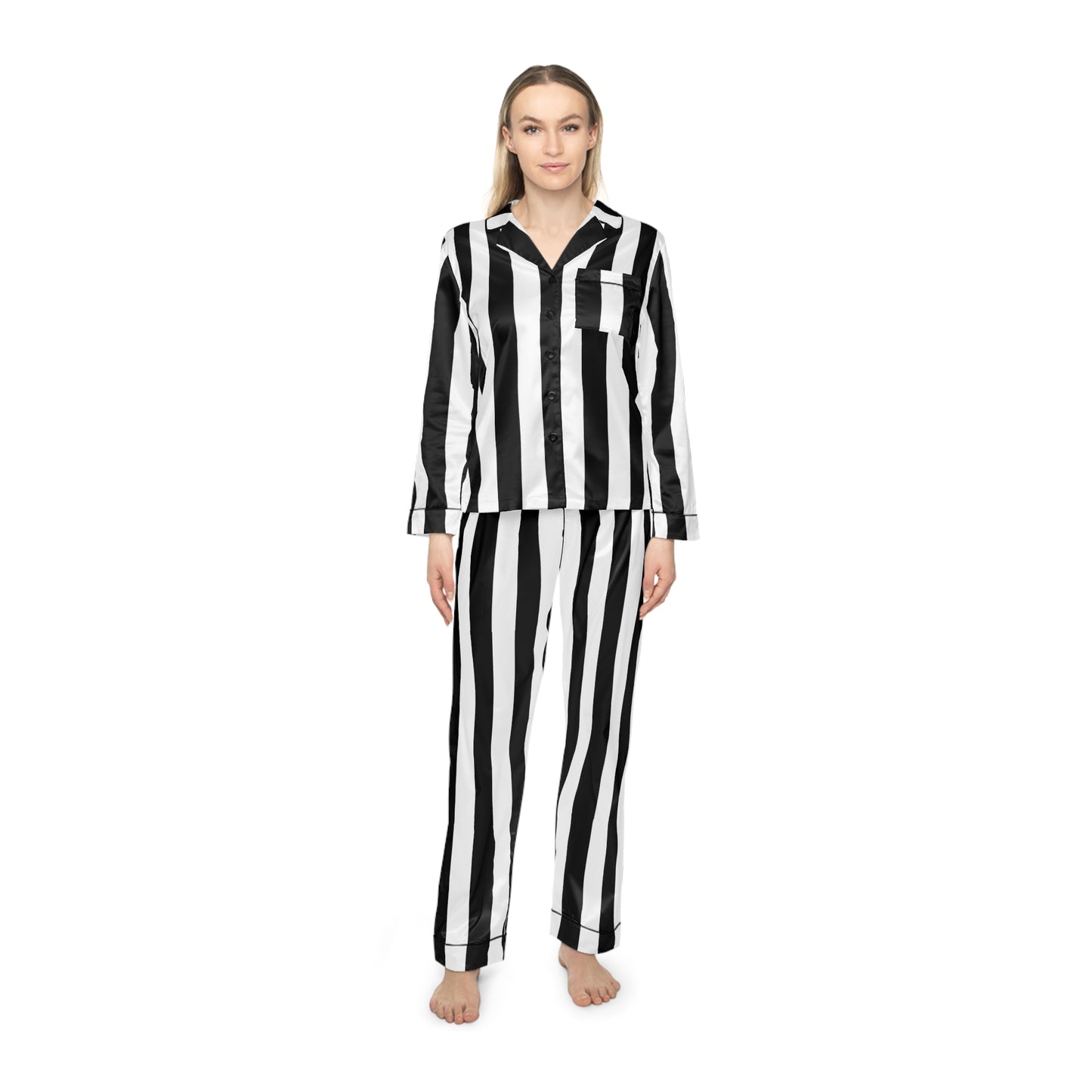 Black White Striped Satin Pajama Set, Womens Gothic Sleepwear, Luxe Goth Loungewear, Long Pajama Set, Alternative Gift for Her