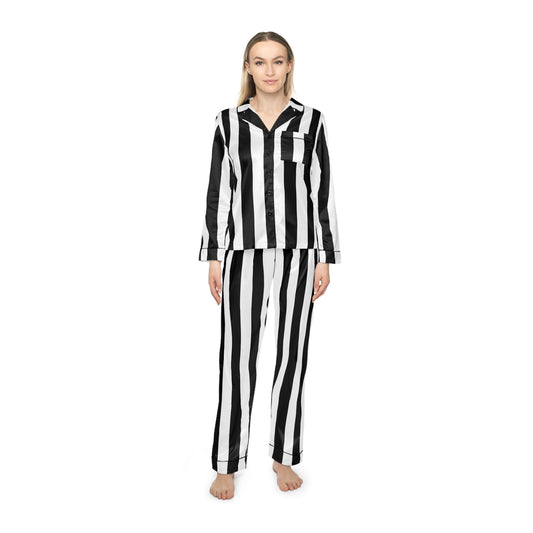 Black White Striped Satin Pajama Set, Womens Gothic Sleepwear, Luxe Goth Loungewear, Long Pajama Set, Alternative Gift for Her
