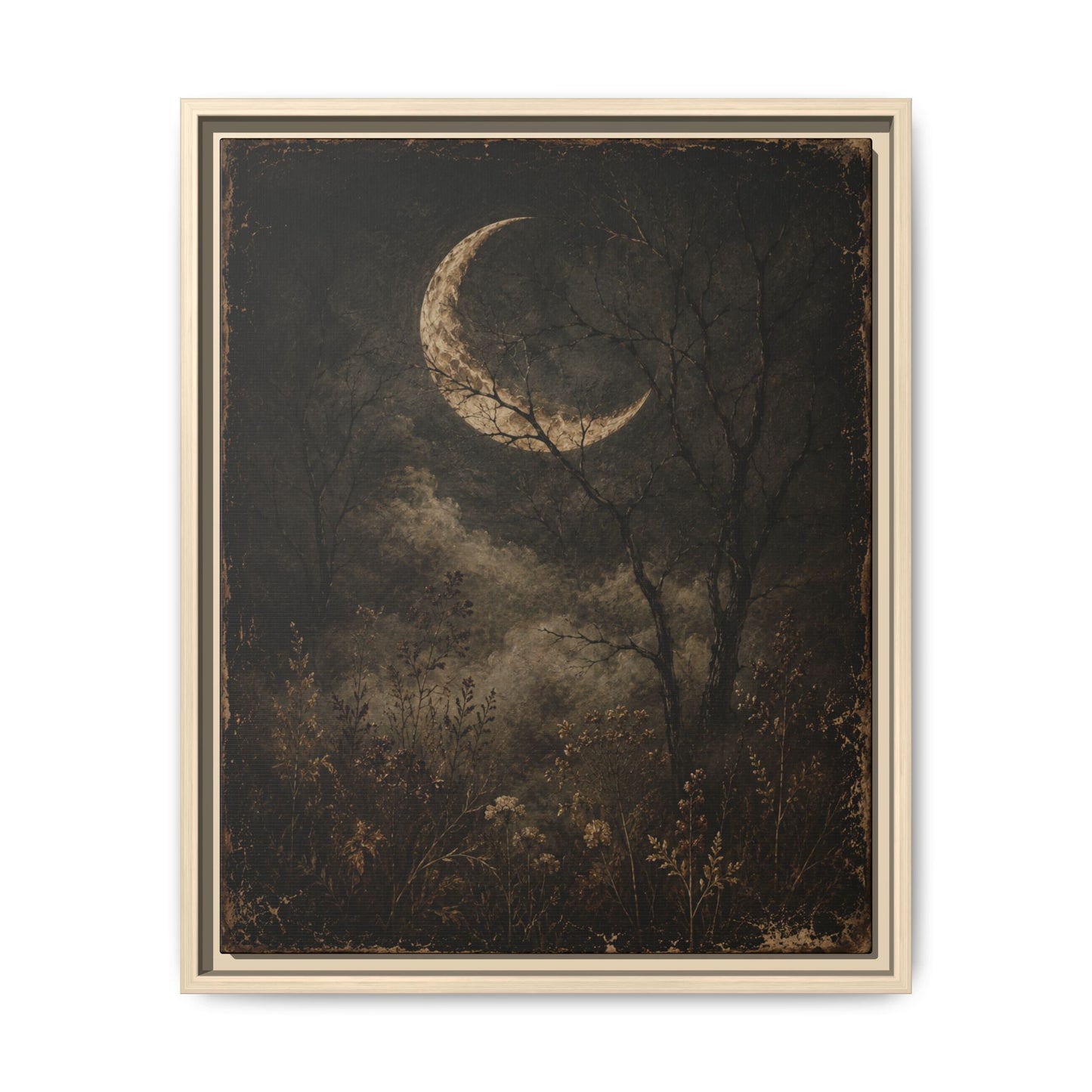 Framed Crescent Moon Canvas Print — Moody Night Landscape Wall Art