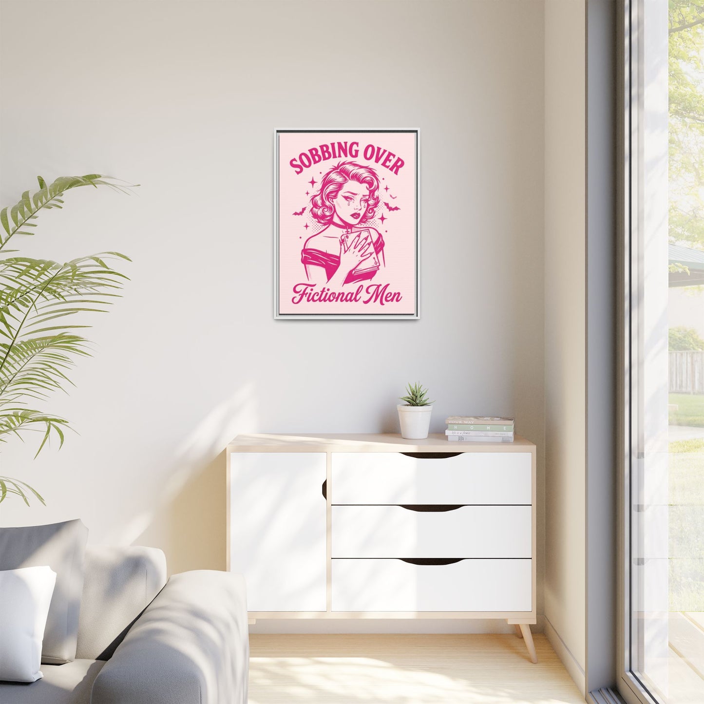 Framed Canvas Print — “Sobbing Over Fictional Men” Retro Pop Art