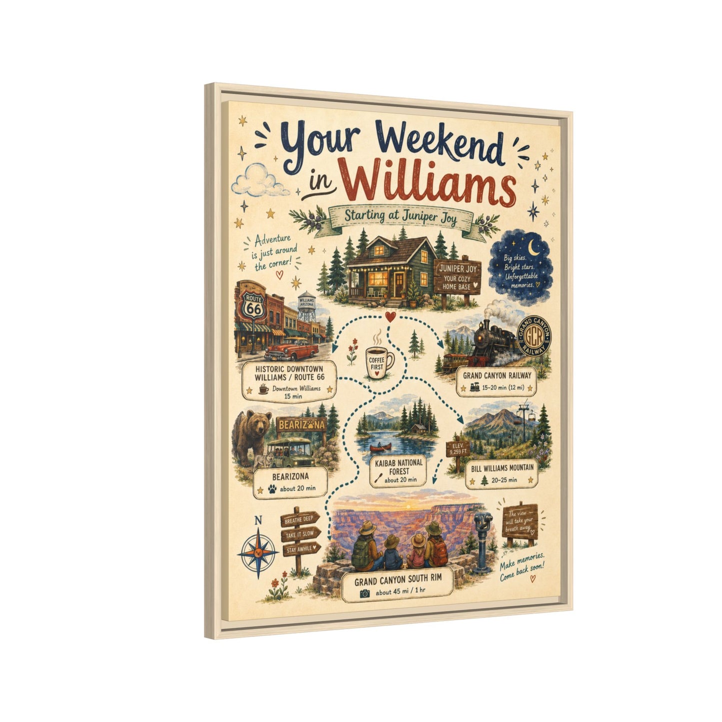 Framed Matte Canvas Print — "Your Weekend in Williams" Illustrated Travel Map