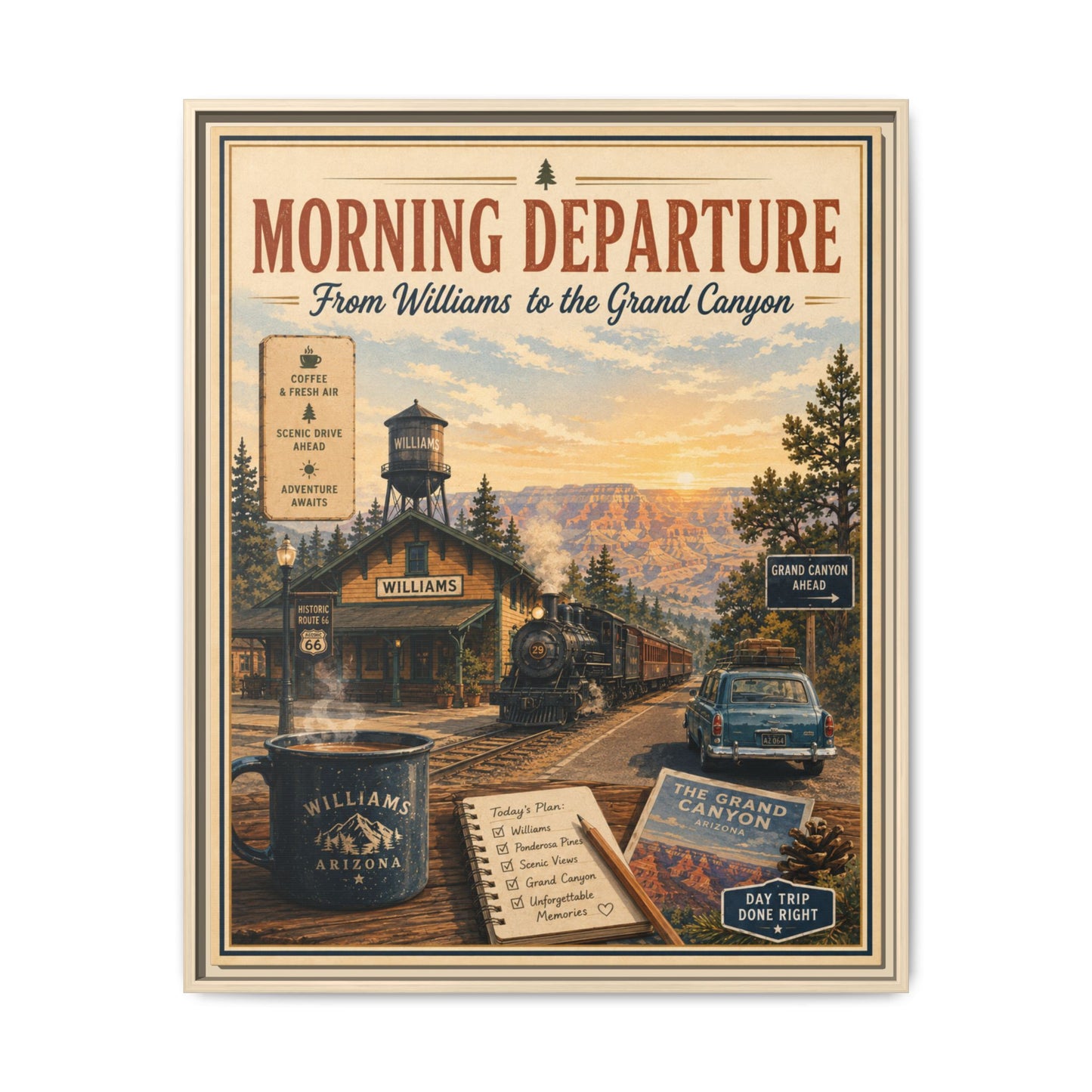 Morning Departure Framed Canvas Print — Vintage Grand Canyon Travel Poster