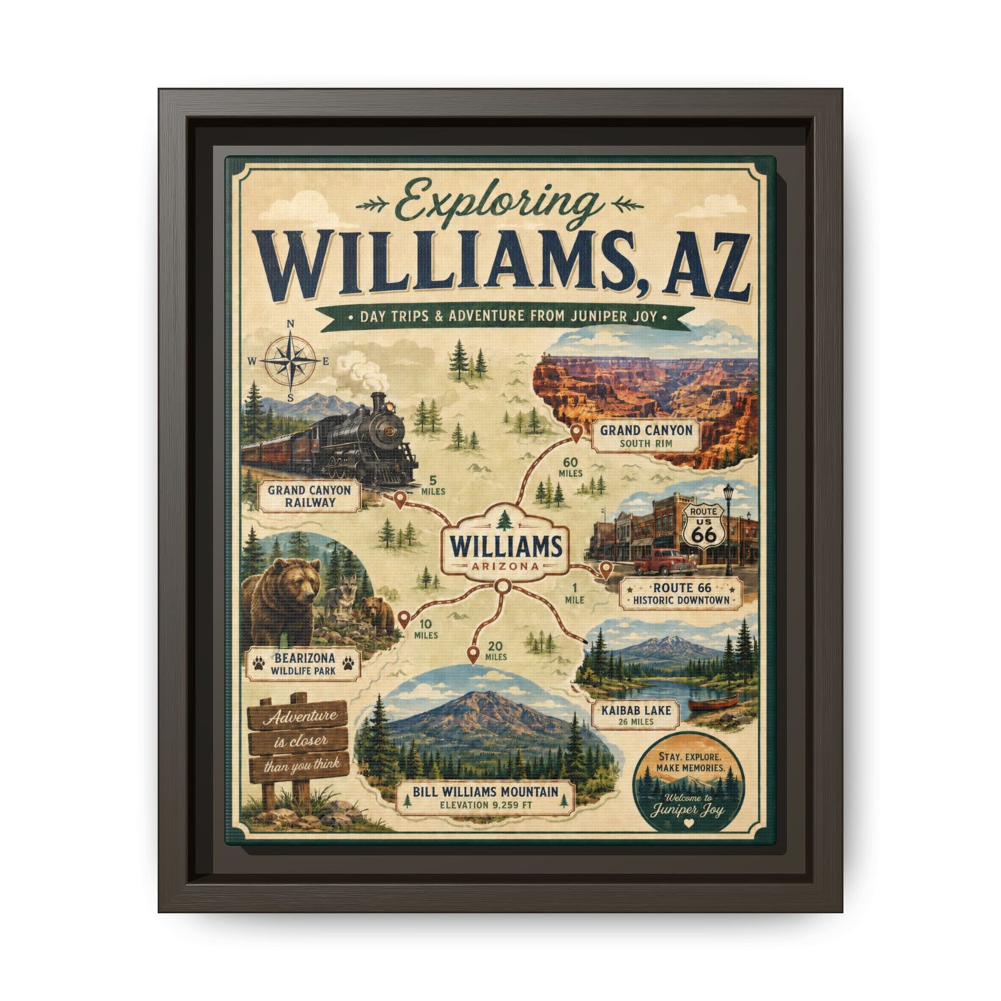 Williams, AZ Travel Map Framed Canvas — Vintage Exploring Poster