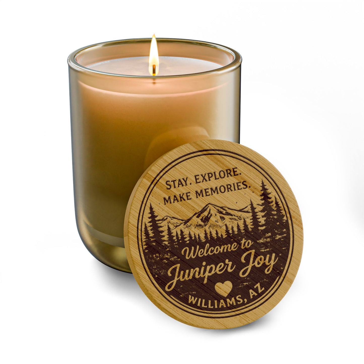 Engraved 14oz Soy Candle — "Stay, Explore, Make Memories" Welcome Candle (Custom Location)