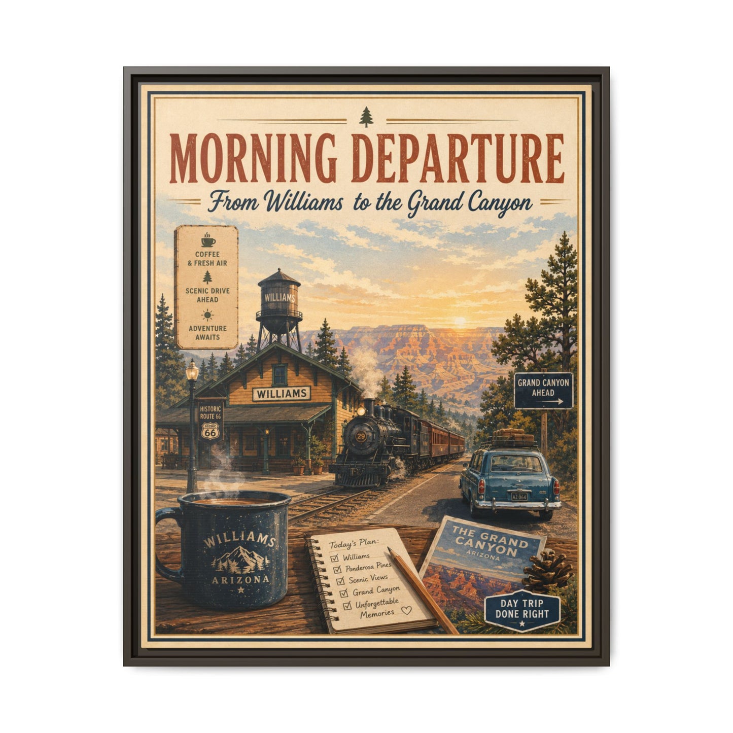 Morning Departure Framed Canvas Print — Vintage Grand Canyon Travel Poster