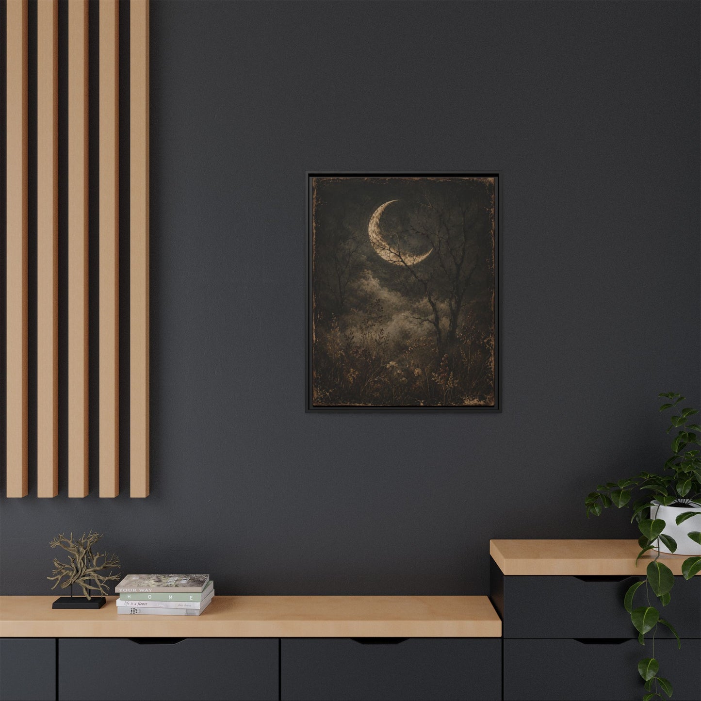 Framed Crescent Moon Canvas Print — Moody Night Landscape Wall Art