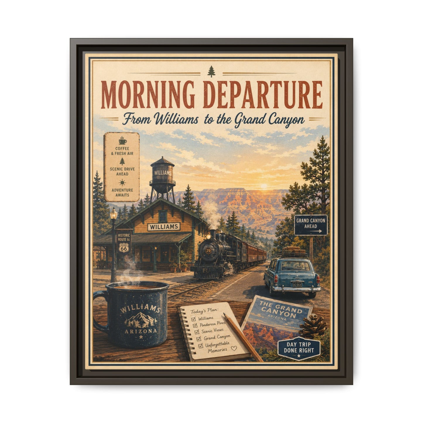 Morning Departure Framed Canvas Print — Vintage Grand Canyon Travel Poster