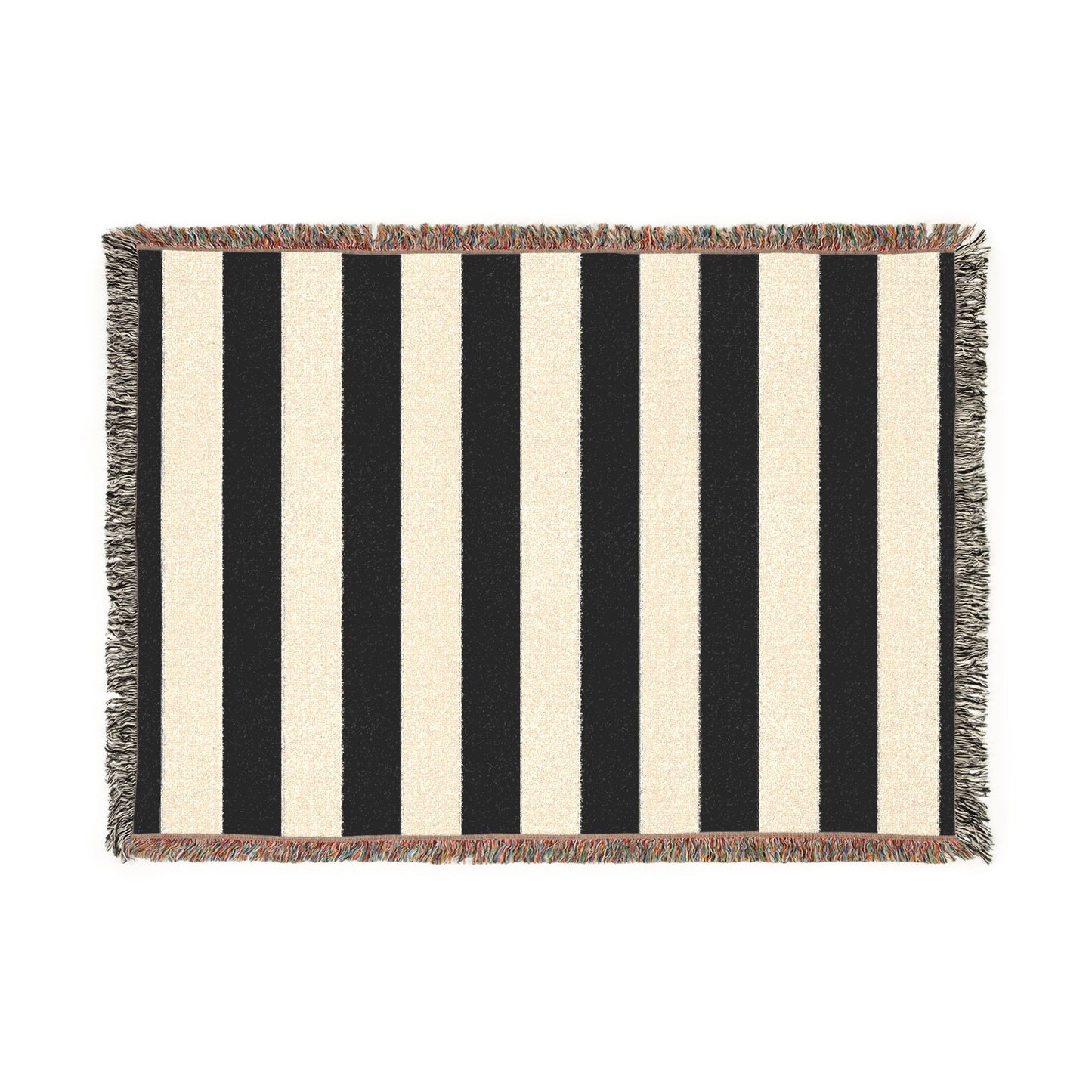 Black & White Striped Woven Blanket, Cotton Throw Blanket with Fringe, Gothic Home Decor, Modern Stripe Couch & Bed Throw