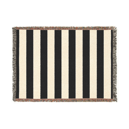 Black & White Striped Woven Blanket, Cotton Throw Blanket with Fringe, Gothic Home Decor, Modern Stripe Couch & Bed Throw