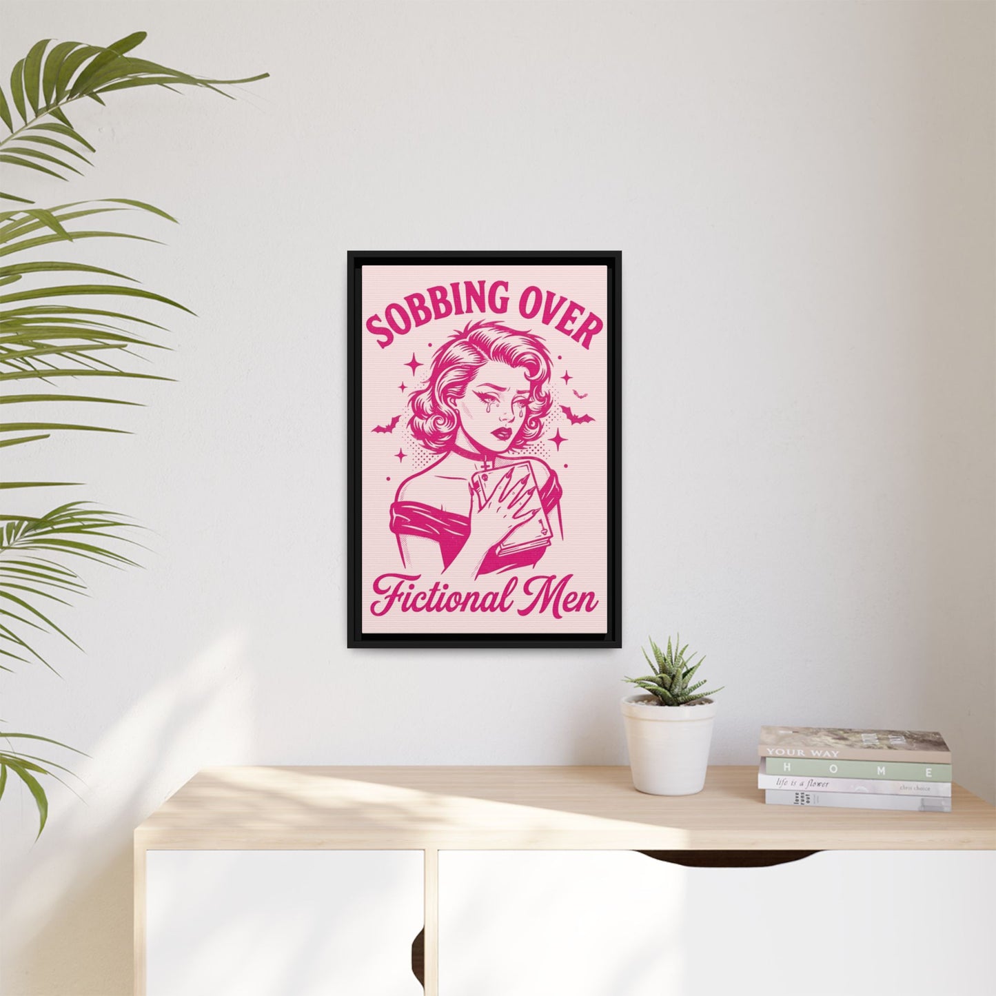 Framed Canvas Print — “Sobbing Over Fictional Men” Retro Pop Art