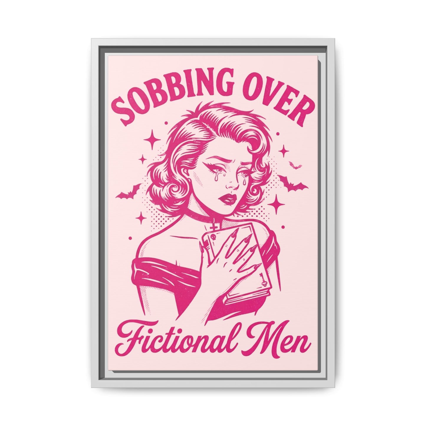 Framed Canvas Print — “Sobbing Over Fictional Men” Retro Pop Art