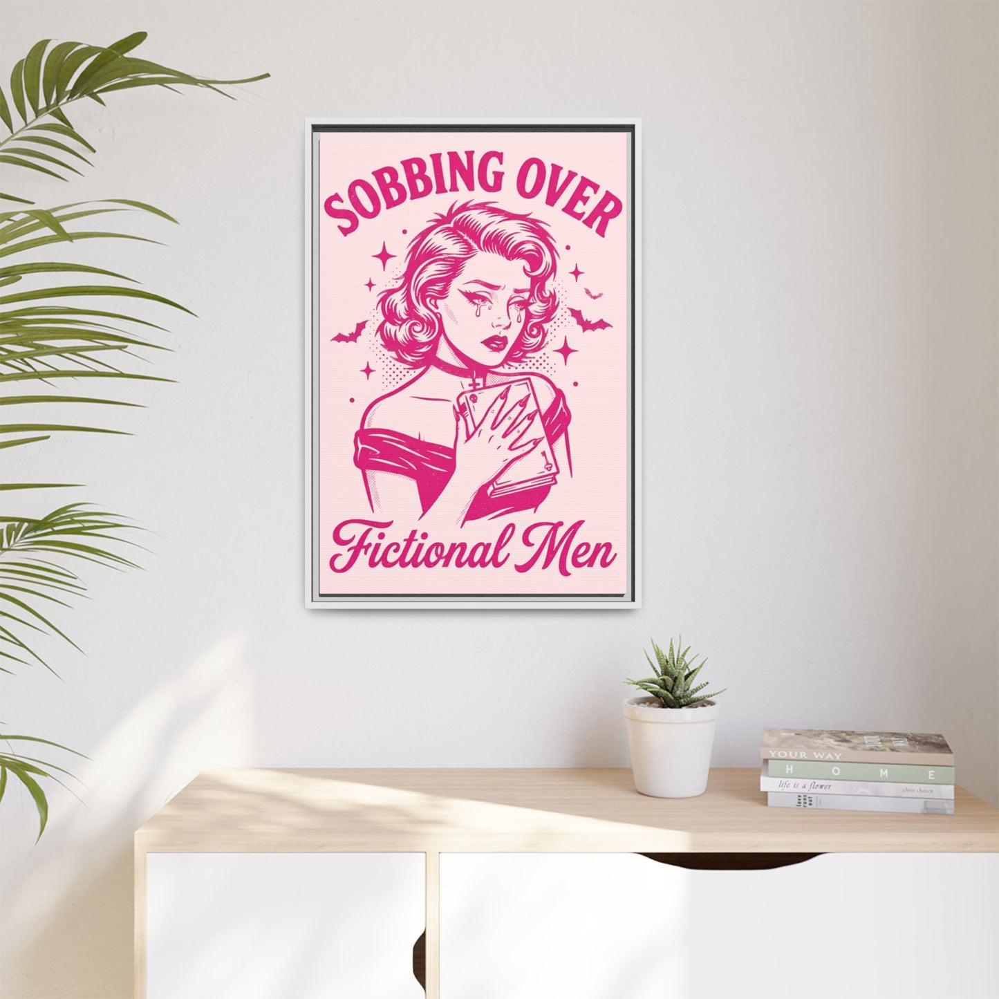 Framed Canvas Print — “Sobbing Over Fictional Men” Retro Pop Art