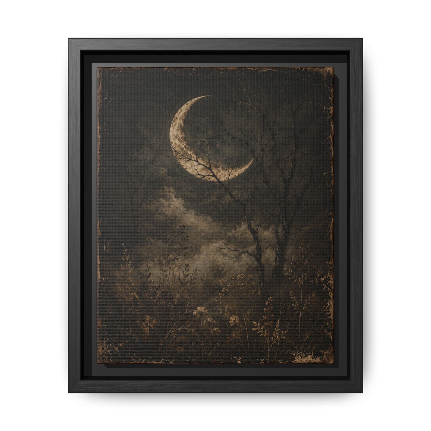 Framed Crescent Moon Canvas Print — Moody Night Landscape Wall Art