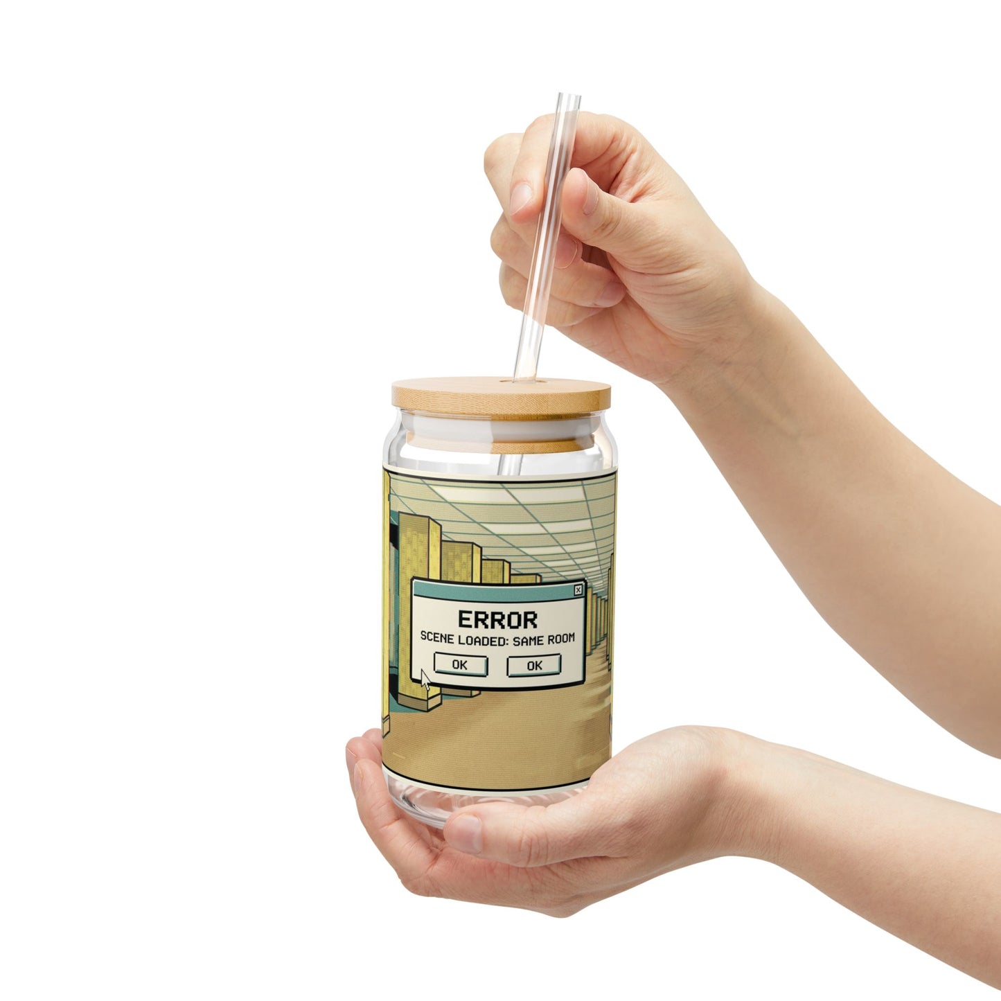 Liminal Space Sipper Glass with Bamboo Lid and  Straw |  Same Room Glass Can | Horror Cup | Weirdcore Iced Coffee Glass