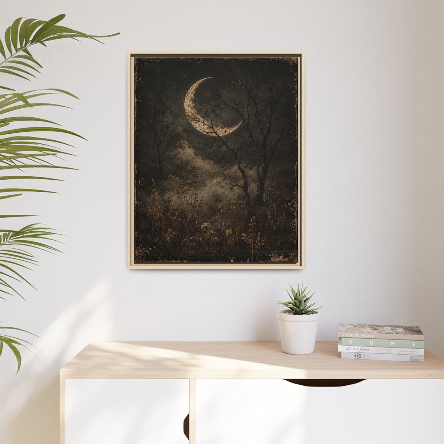 Framed Crescent Moon Canvas Print — Moody Night Landscape Wall Art
