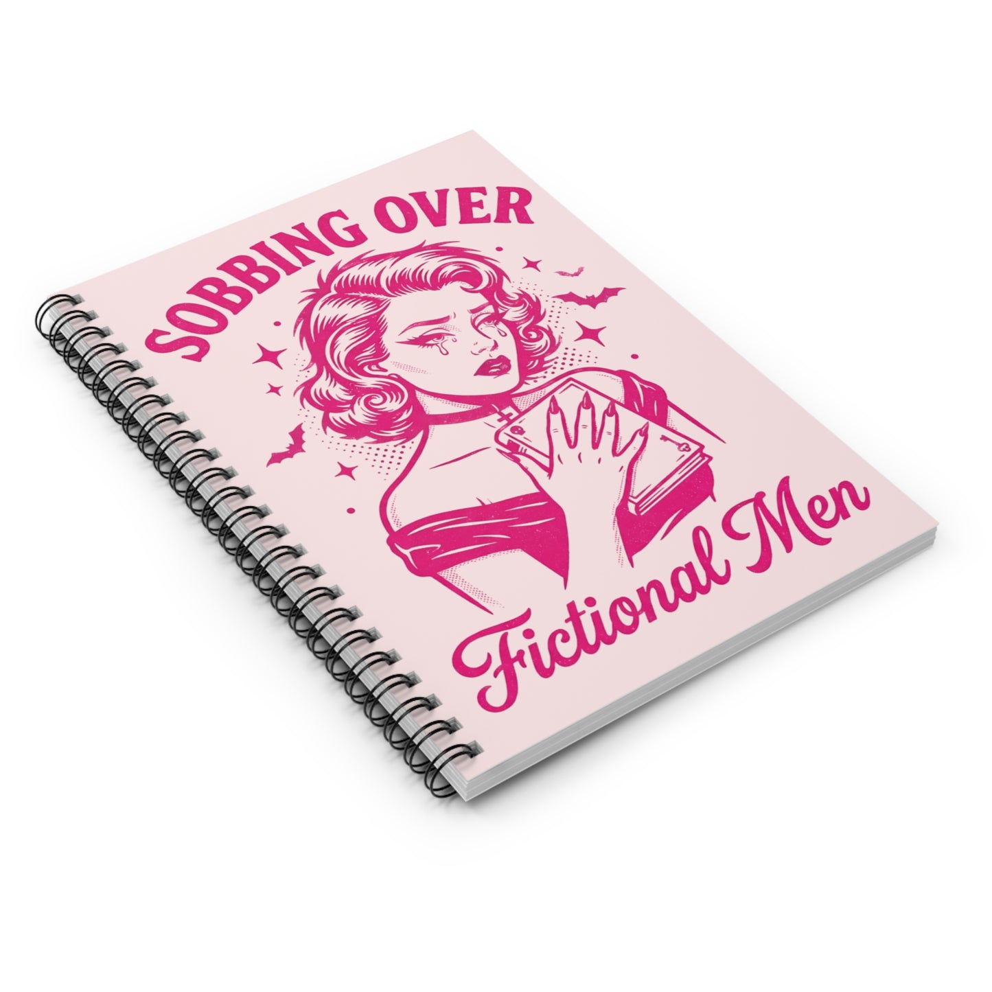 Sobbing Over Fictional Men Spiral Notebook – Pink Retro Journal for Book Lovers