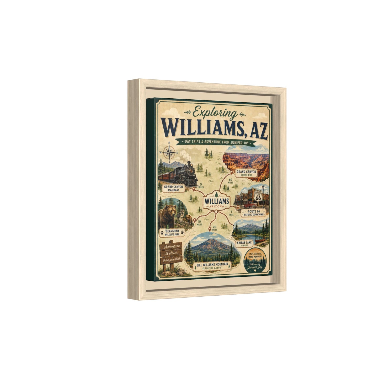 Williams, AZ Travel Map Framed Canvas — Vintage Exploring Poster
