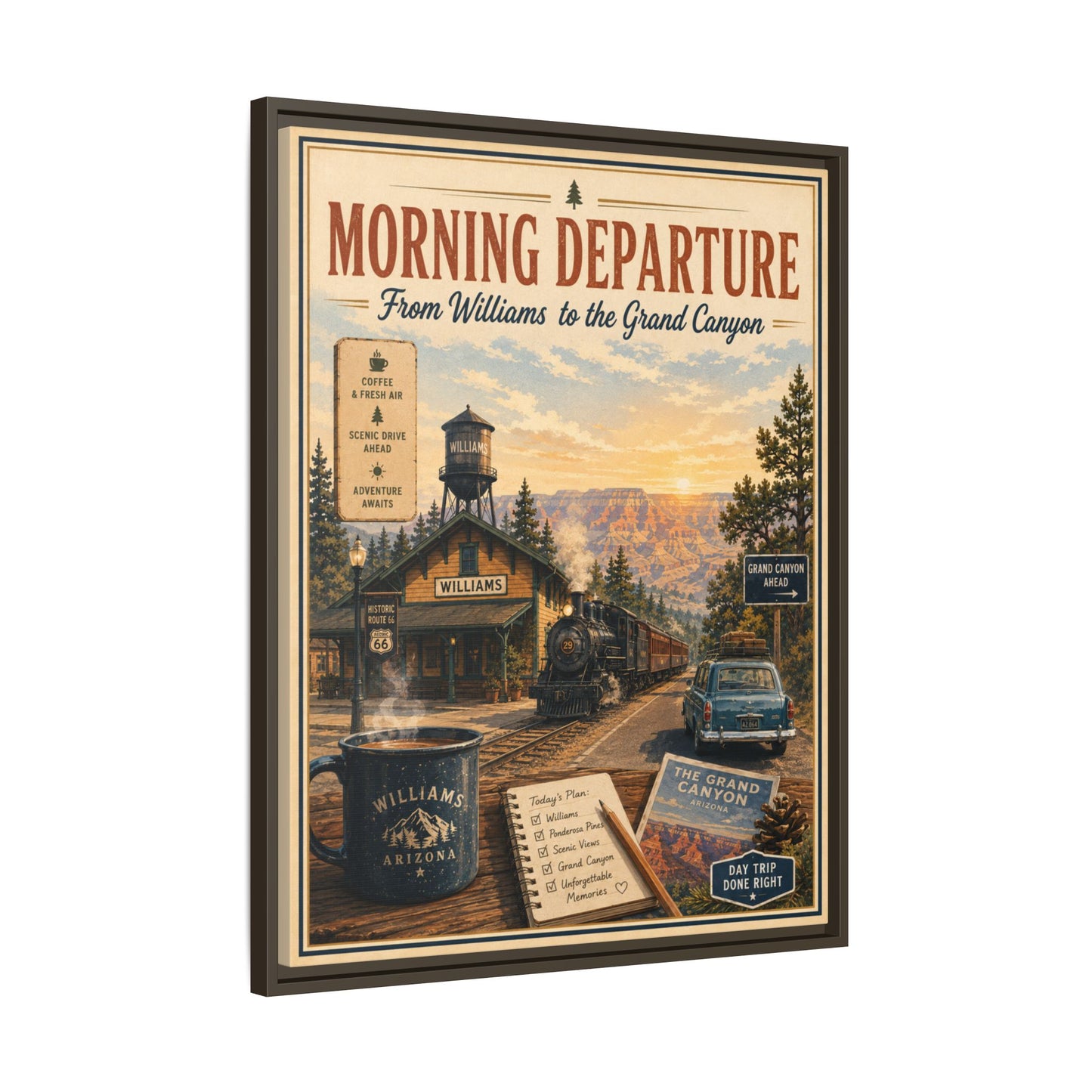 Morning Departure Framed Canvas Print — Vintage Grand Canyon Travel Poster
