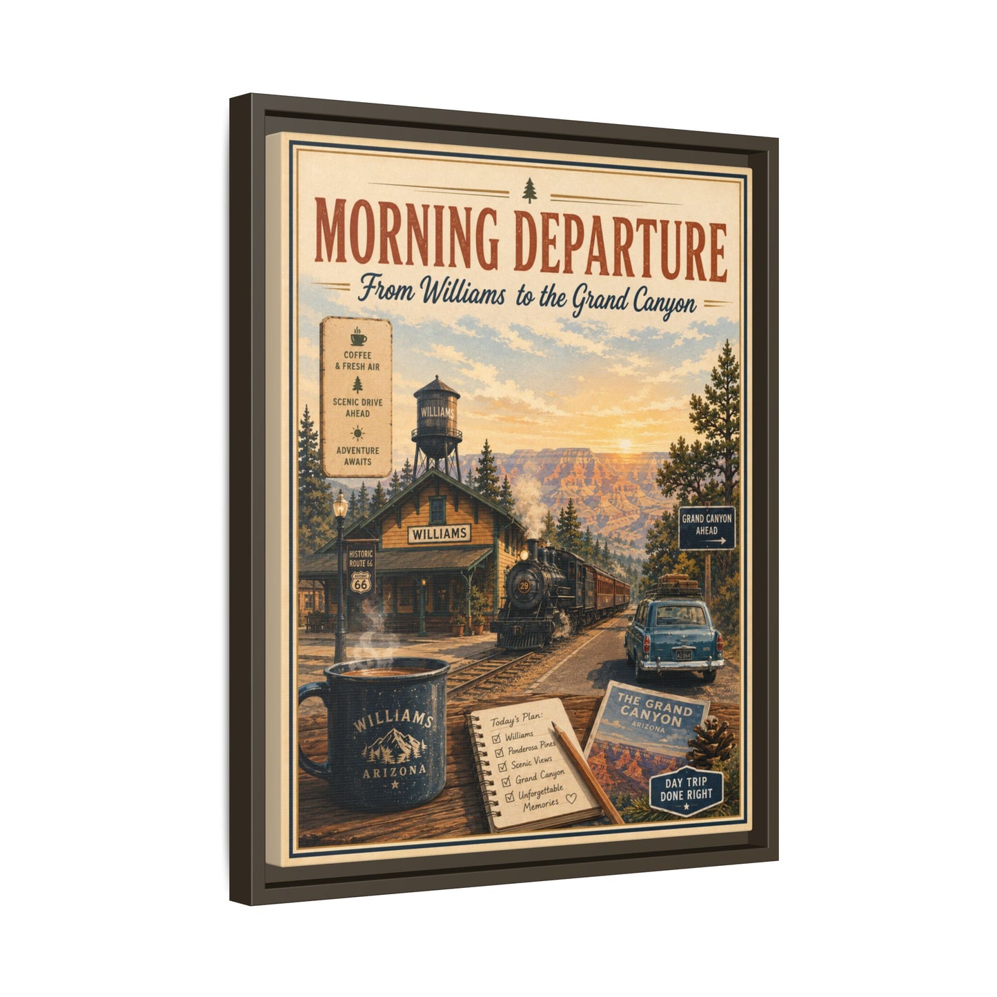 Morning Departure Framed Canvas Print — Vintage Grand Canyon Travel Poster