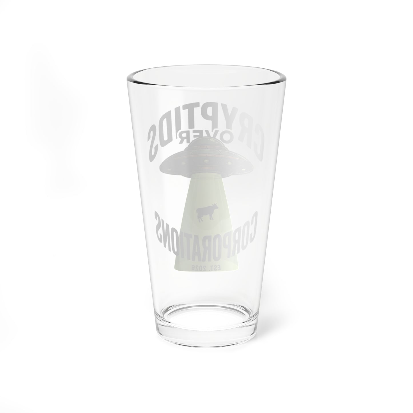 Cryptids Over Corporations Alien Pint Glass | UFO Beer Glass | Funny Alien Gift | Sci-Fi Bar Glass | Cow Abduction Glass | 16oz Beer Pint