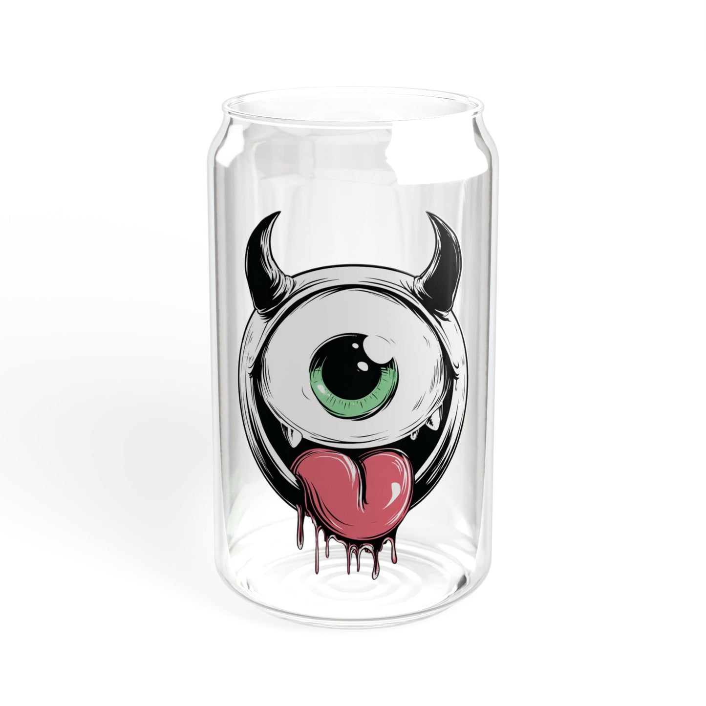 Cute Monster Sipper Glass | Funny One-Eyed Monster Glass Cup | Gothic Iced Coffee Cup | 16oz Glass Can with Bamboo Lid & Straw | Kawaii Gift