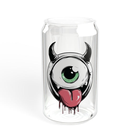 Cute Monster Sipper Glass | Funny One-Eyed Monster Glass Cup | Gothic Iced Coffee Cup | 16oz Glass Can with Bamboo Lid & Straw | Kawaii Gift