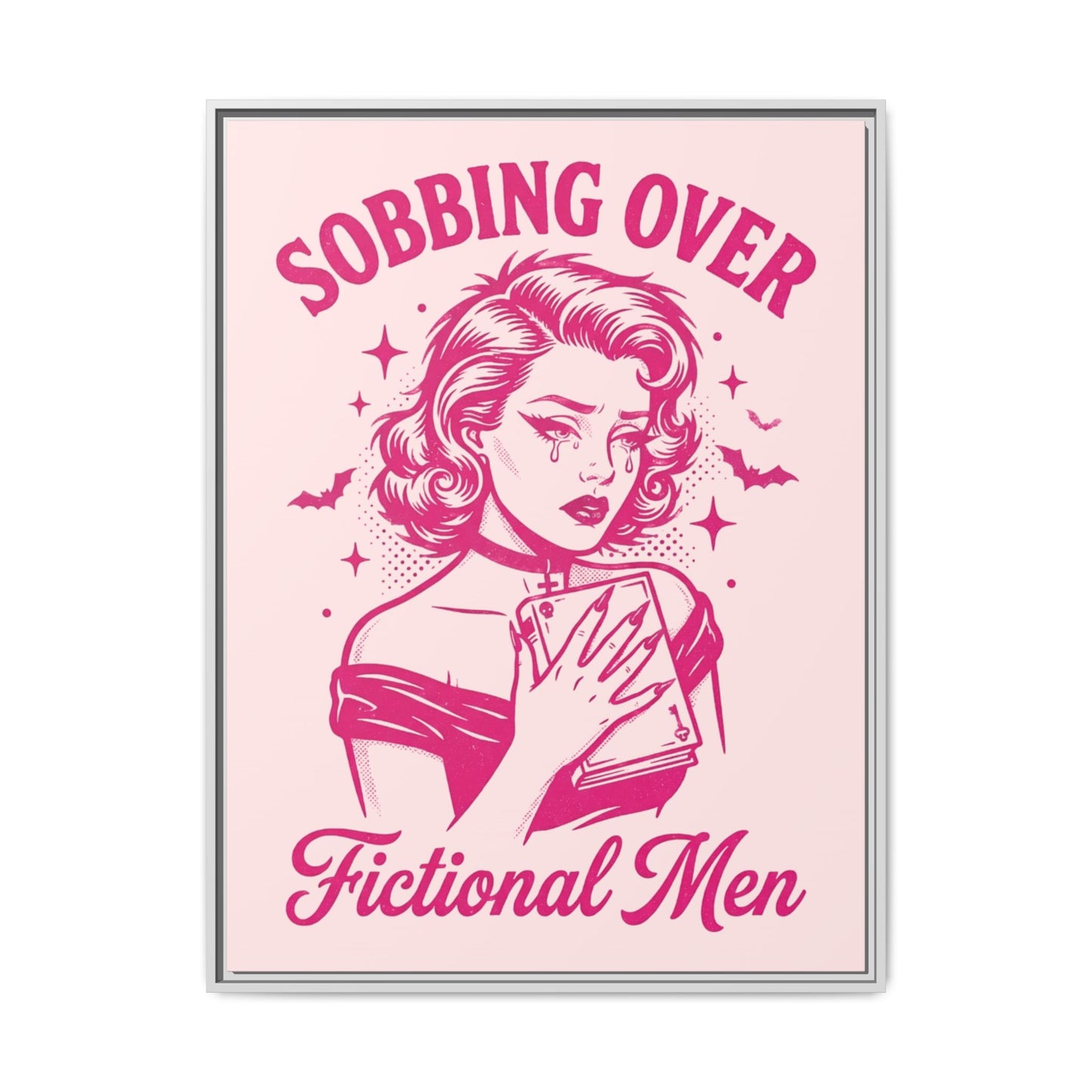 Framed Canvas Print — “Sobbing Over Fictional Men” Retro Pop Art